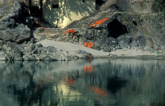 a Holy men and Street Sadhus at the Holy Ganges River in the city of Rishikesh in the Province Uttarakhand in India.  India, Rishikesh, February, 1998