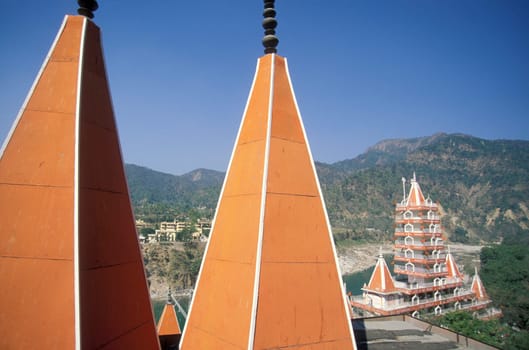a Hindu Hermitage or Monastery of Ashram at the Holy Ganges River in the city of Rishikesh in the Province Uttarakhand in India.  India, Rishikesh, February, 1998