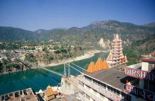 a Hindu Hermitage or Monastery of Ashram at the Holy Ganges River in the city of Rishikesh in the Province Uttarakhand in India.  India, Rishikesh, February, 1998
