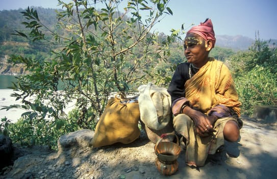a Holy men and Street Sadhus at the Holy Ganges River in the city of Rishikesh in the Province Uttarakhand in India.  India, Rishikesh, February, 1998