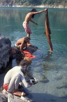 a Holy men and Street Sadhus at the Holy Ganges River in the city of Rishikesh in the Province Uttarakhand in India.  India, Rishikesh, February, 1998
