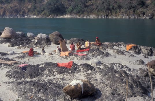 a Holy men and Street Sadhus at the Holy Ganges River in the city of Rishikesh in the Province Uttarakhand in India.  India, Rishikesh, February, 1998