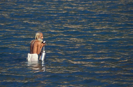 a Holy men and Street Sadhus at the Holy Ganges River in the city of Rishikesh in the Province Uttarakhand in India.  India, Rishikesh, February, 1998