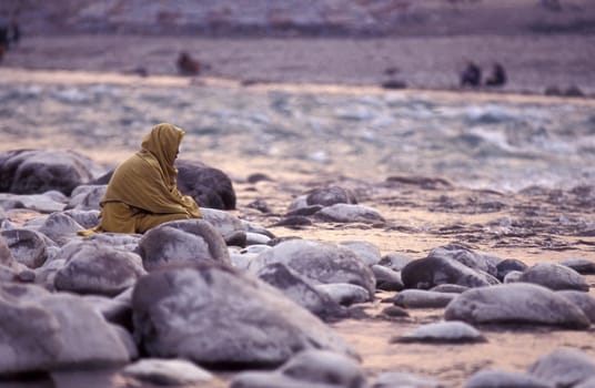 a Holy men and Street Sadhus at the Holy Ganges River in the city of Rishikesh in the Province Uttarakhand in India.  India, Rishikesh, February, 1998