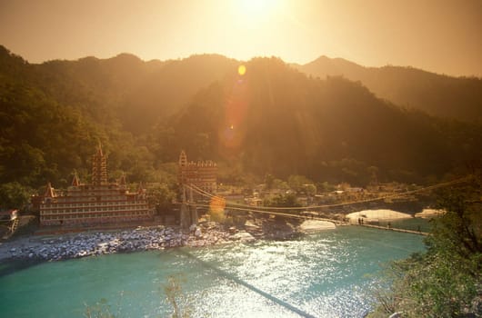 a Hindu Hermitage or Monastery of Ashram at the Holy Ganges River in the city of Rishikesh in the Province Uttarakhand in India.  India, Rishikesh, February, 1998