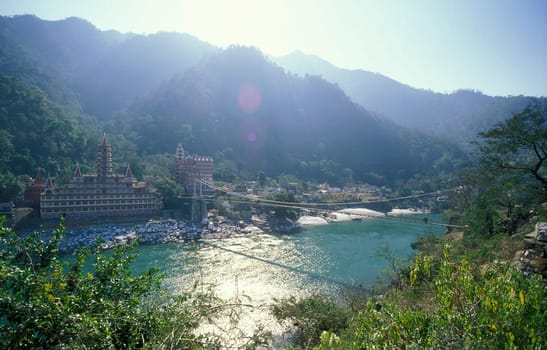 a Hindu Hermitage or Monastery of Ashram at the Holy Ganges River in the city of Rishikesh in the Province Uttarakhand in India.  India, Rishikesh, February, 1998