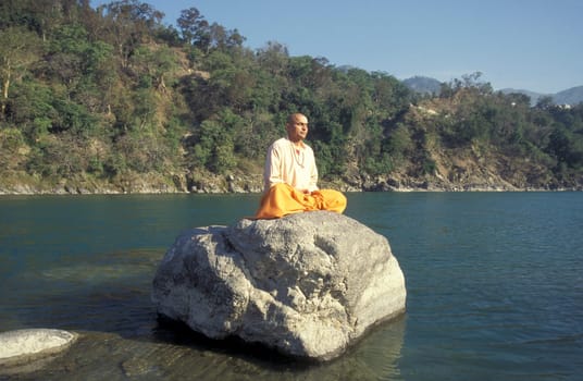 a Holy men and Street Sadhus at the Holy Ganges River in the city of Rishikesh in the Province Uttarakhand in India.  India, Rishikesh, February, 1998