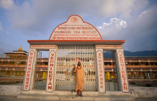 a Hindu Hermitage or Monastery of Ashram at the Holy Ganges River in the city of Rishikesh in the Province Uttarakhand in India.  India, Rishikesh, February, 1998
