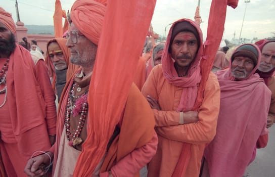 Hindi Pilgrim at a ceremony at the Holy Ganges River in the city of Haridwar in the Province Uttarakhand in India.  India, Haridwar, February, 1998