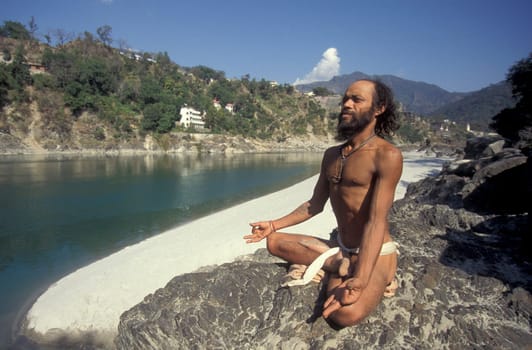 a Holy men and Street Sadhus at the Holy Ganges River in the city of Rishikesh in the Province Uttarakhand in India.  India, Rishikesh, February, 1998