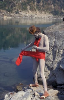 a Holy men and Street Sadhus at the Holy Ganges River in the city of Rishikesh in the Province Uttarakhand in India.  India, Rishikesh, February, 1998