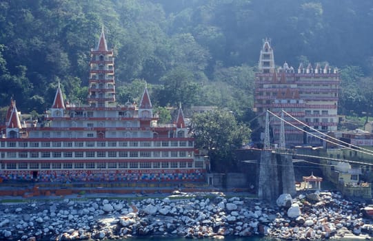 a Hindu Hermitage or Monastery of Ashram at the Holy Ganges River in the city of Rishikesh in the Province Uttarakhand in India.  India, Rishikesh, February, 1998