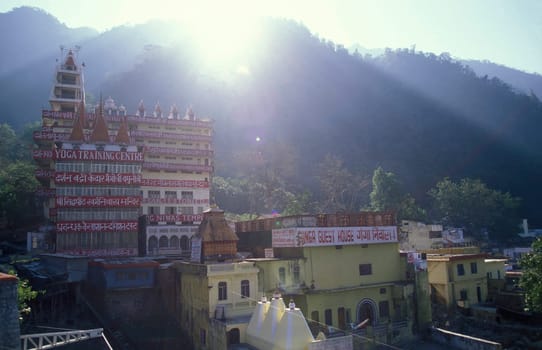 a Hindu Hermitage or Monastery of Ashram at the Holy Ganges River in the city of Rishikesh in the Province Uttarakhand in India.  India, Rishikesh, February, 1998