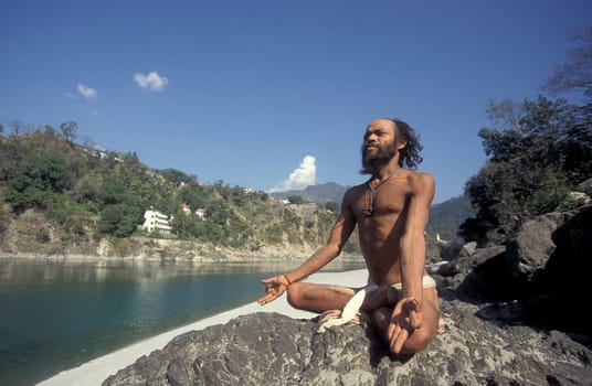 a Holy men and Street Sadhus at the Holy Ganges River in the city of Rishikesh in the Province Uttarakhand in India.  India, Rishikesh, February, 1998