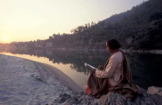 a Holy men and Street Sadhus at the Holy Ganges River in the city of Rishikesh in the Province Uttarakhand in India.  India, Rishikesh, February, 1998