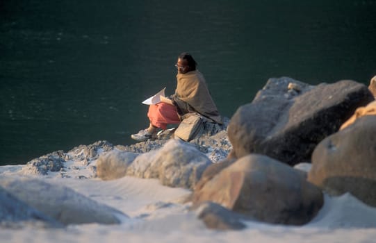 a Holy men and Street Sadhus at the Holy Ganges River in the city of Rishikesh in the Province Uttarakhand in India.  India, Rishikesh, February, 1998