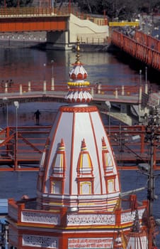 a view over public aerea at the Holy Ganges River in the city of Haridwar in the Province Uttarakhand in India.  India, Haridwar, February, 1998