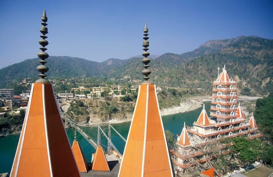 a Hindu Hermitage or Monastery of Ashram at the Holy Ganges River in the city of Rishikesh in the Province Uttarakhand in India.  India, Rishikesh, February, 1998