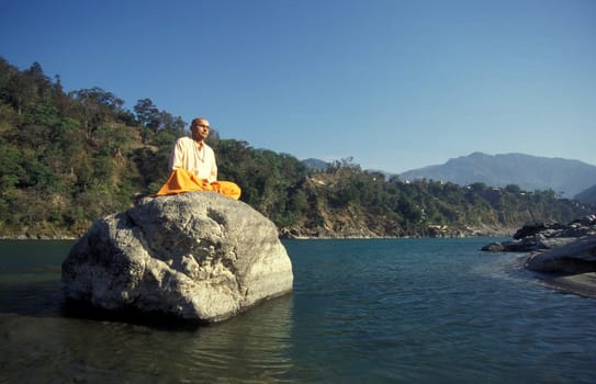 a Holy men and Street Sadhus at the Holy Ganges River in the city of Rishikesh in the Province Uttarakhand in India.  India, Rishikesh, February, 1998