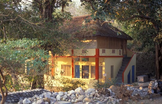 a Hindu Hermitage or Monastery of Ashram at the Holy Ganges River in the city of Rishikesh in the Province Uttarakhand in India.  India, Rishikesh, February, 1998