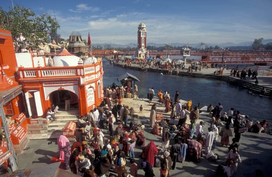 a view over public aerea with the Clock Tower at the Holy Ganges River in the city of Haridwar in the Province Uttarakhand in India.  India, Haridwar, February, 1998