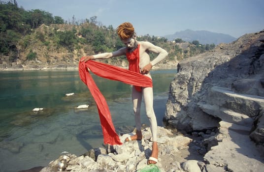 a Holy men and Street Sadhus at the Holy Ganges River in the city of Rishikesh in the Province Uttarakhand in India.  India, Rishikesh, February, 1998