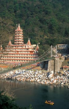 a Hindu Hermitage or Monastery of Ashram at the Holy Ganges River in the city of Rishikesh in the Province Uttarakhand in India.  India, Rishikesh, February, 1998