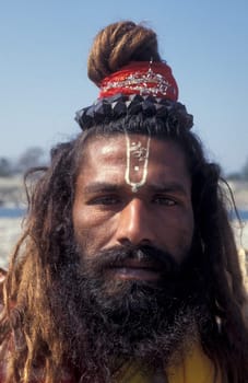 a Holy men and Street Sadhus at the Holy Ganges River in the city of Rishikesh in the Province Uttarakhand in India.  India, Rishikesh, February, 1998