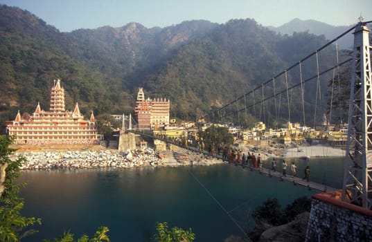 a Hindu Hermitage or Monastery of Ashram at the Holy Ganges River in the city of Rishikesh in the Province Uttarakhand in India.  India, Rishikesh, February, 1998