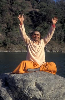 a Holy men and Street Sadhus at the Holy Ganges River in the city of Rishikesh in the Province Uttarakhand in India.  India, Rishikesh, February, 1998