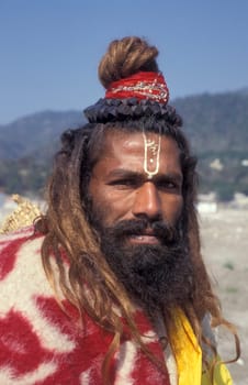 a Holy men and Street Sadhus at the Holy Ganges River in the city of Rishikesh in the Province Uttarakhand in India.  India, Rishikesh, February, 1998