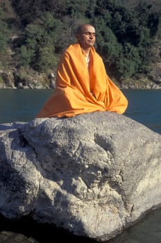 a Holy men and Street Sadhus at the Holy Ganges River in the city of Rishikesh in the Province Uttarakhand in India.  India, Rishikesh, February, 1998