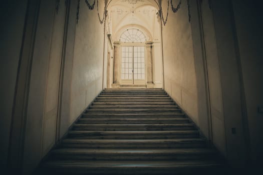 Ancient dark staircase - Grunge interior, nobody, empty building architecture, window