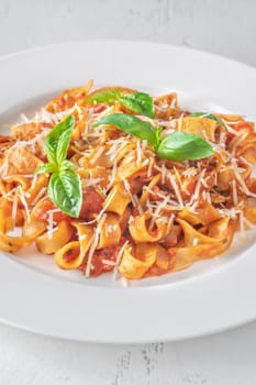 Tagliatelle pasta with tomato sauce and parmesan