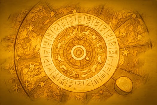 Astrological zodiac background. Vintage illustration art, grunge design. Concept of destiny, fortune, esoteric, magic, mysterious