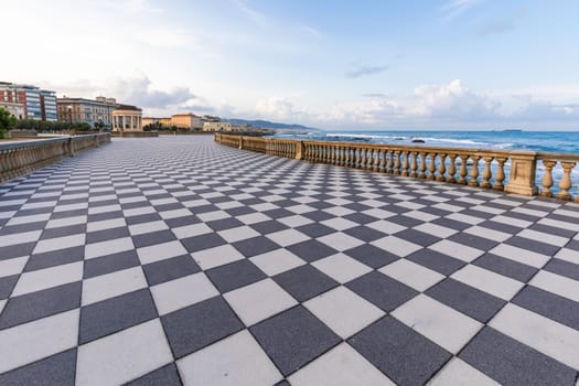 Livorno, Italy. Famous Mascagni Terrace - Terrazza Mascagni - with chess geometry pattern pavement