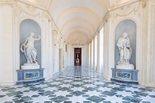 Venaria Reale, Italy - 16 July 2023: luxury gallery perspective, decorative marble, indoor, nobody, Royal Palace. Italy travel destination.