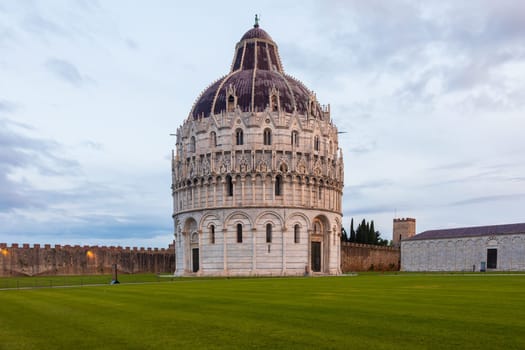 Pisa, Italy - 29 June 2023: cathedral sightseeing, travel destination, sunrise light, famous artistic building