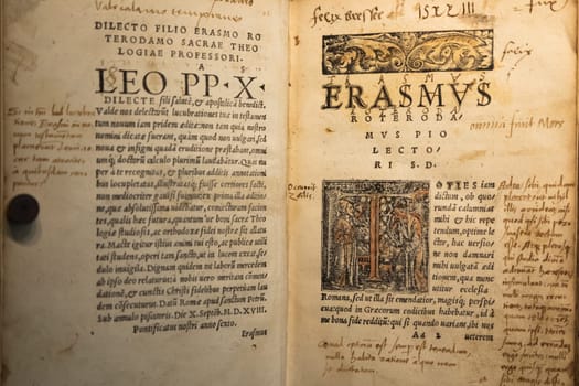 Turin, Italy - 22 April 2023: Erasmo da Rotterdam - Erasmus Roterodamus - New Testament, first printed in 1516. Ancient manuscript