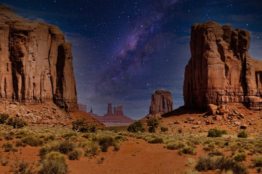 Monument Valley horizon, US, Navajo canyon park. Scenic sky by night, nature and rock desert.