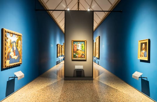 Milan, Italy - 23 September 2023: Brera antique painting museum interior. Vintage art exibition, elegant indoor, nobody.