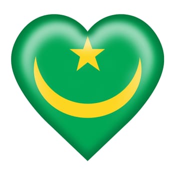 A Mauritania flag heart button isolated on white with clipping path 3d illustration green yellow star crescent moon