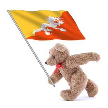 A Bhutan flag being carried by a cute teddy bear yellow orange diagonal Druk Thander Dragon
