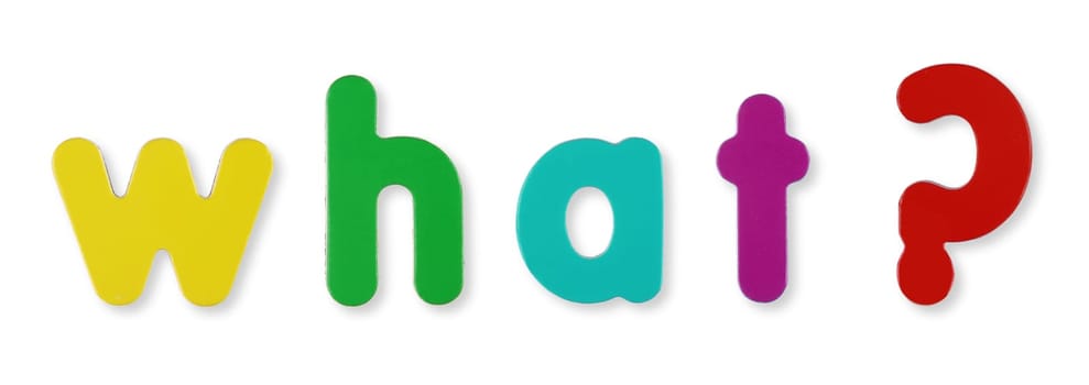 A what word in coloured magnetic letters on white with clipping path to remove shadow