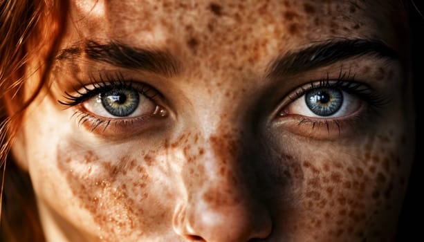 Close-up shot of a woman's blue eyes with freckles, capturing the intricate details and unique beauty of her gaze
