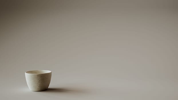 A minimalistic 3D rendering of a beige ceramic cup against a plain background.