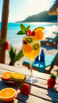 glass of refreshing drink with slices of fruit and decoration on a wooden beach table close-up, next to a sun lounger on a sandy beach, beautiful tropical beach in the background, sea, warm sunny day on a trip.