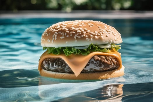 A burger with a juicy beef patty, cheese and leafy lettuce floats in the turquoise water of the pool. Concept of an all-inclusive hotel or pool bar