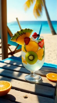 glass of refreshing drink with slices of fruit and decoration on a wooden beach table close-up, next to a sun lounger on a sandy beach, beautiful tropical beach in the background, sea, warm sunny day on a trip.