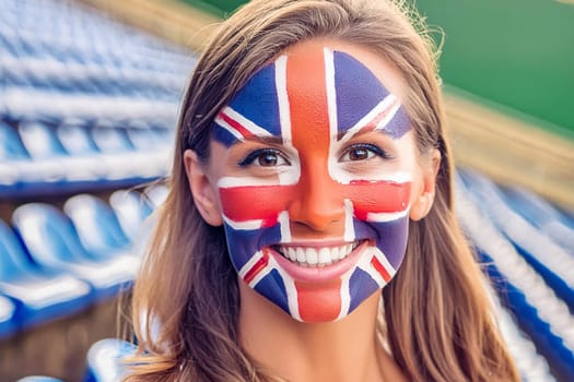 Happy smiling fan of the British team in the stands of the stadium with the flag of the uk painted on her face.